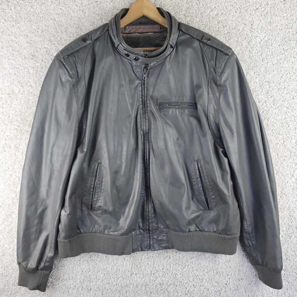 Vintage Bermans Gray Leather Moto Bomber Sherpa Lined Jacket Sz 52C 2XL